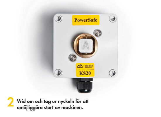 Låssystem från Castell. 2. Vrid om och tag ur nyckeln för att omöjliggöra start av maskinen